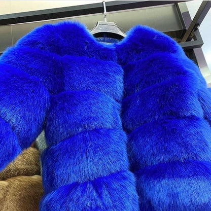 Chic classic faux fur jacket in striking sapphire blue with 5 rows