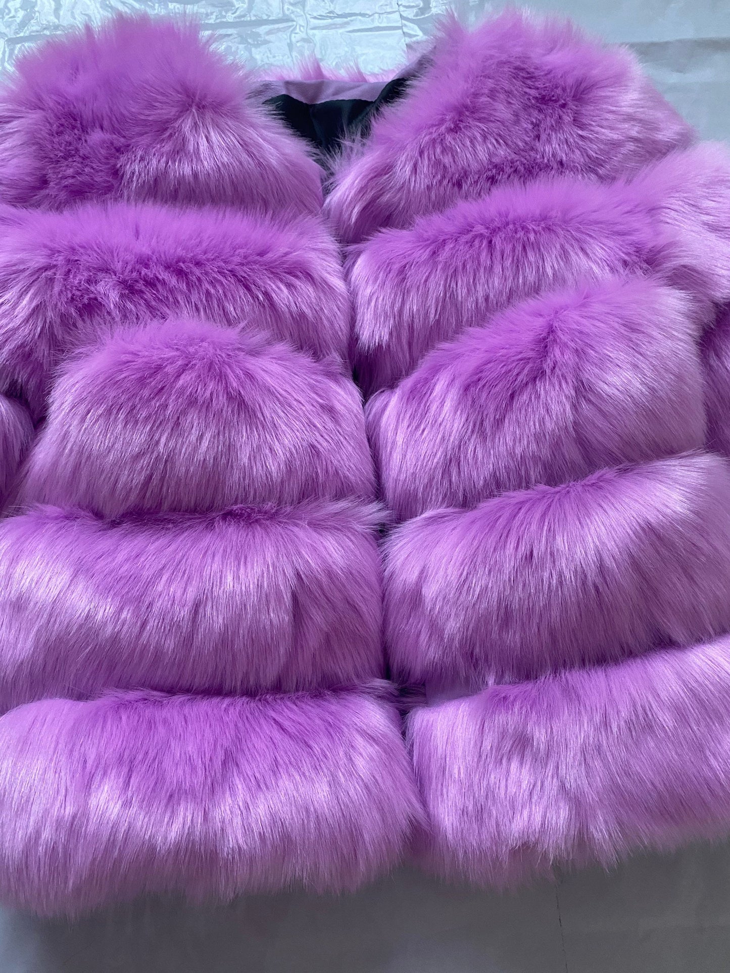 Chic classic faux fur jacket in striking violet with 5 rows