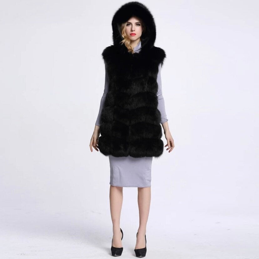 Chic hooded gilet featuring 7 rows of plush faux fur