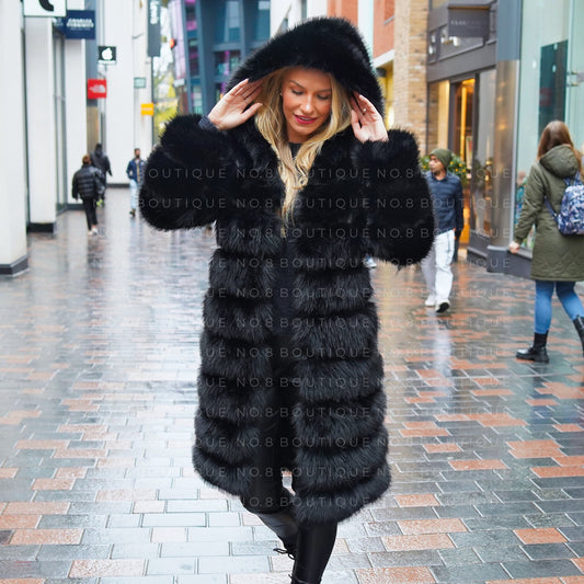 Classic hooded 9 row faux fur coat