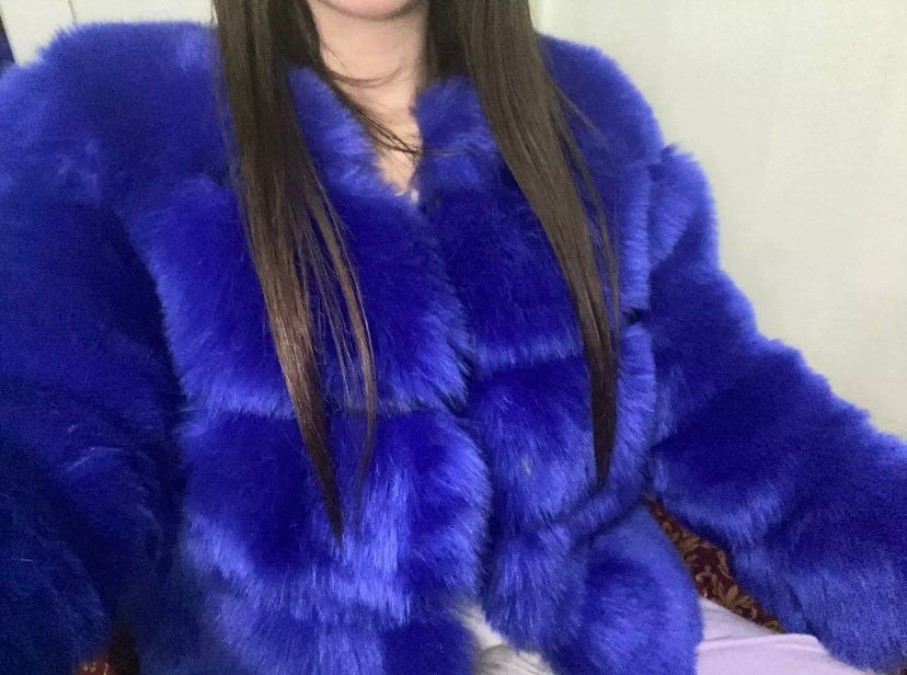 Contemporary sapphire blue faux fur jacket with five plush rows