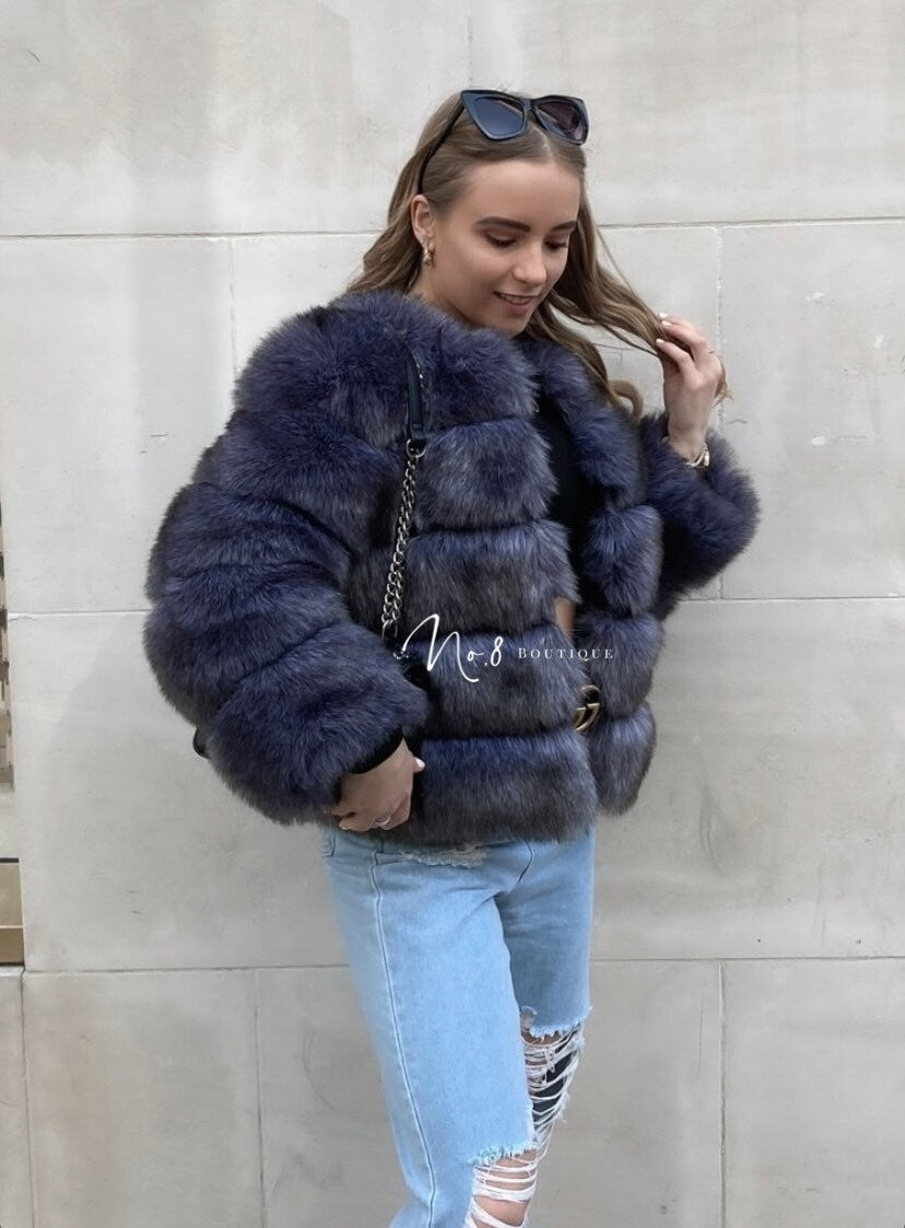 Elegant blue grey 5 row faux fur jacket