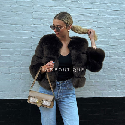 Elegant coffee brown faux fur jacket with five horizontal rows