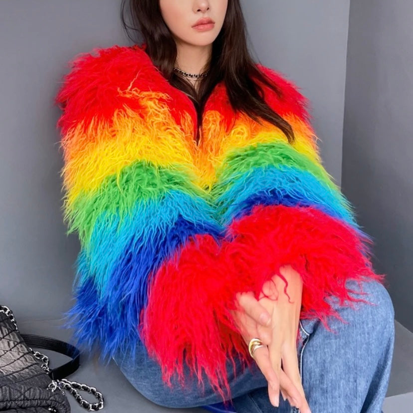 Eye-catching rainbow shaggy faux fur jacket with Mongolian texture