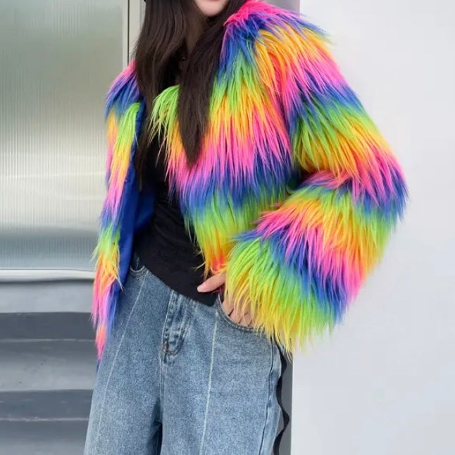 Fashion-forward rainbow shaggy faux fur jacket