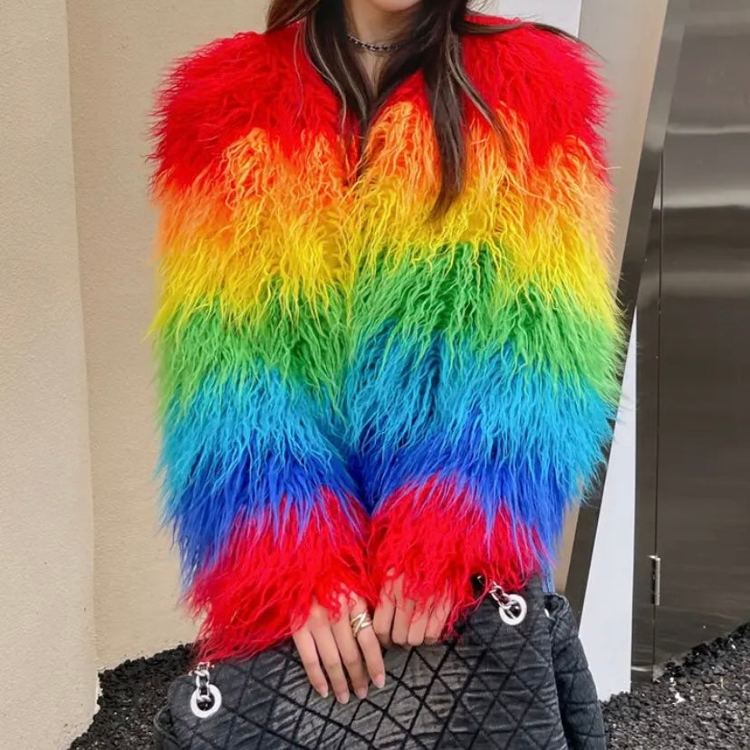 Fashion-forward shaggy Mongolian faux fur jacket in rainbow hues