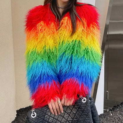 Fashion-forward shaggy Mongolian faux fur jacket in rainbow hues