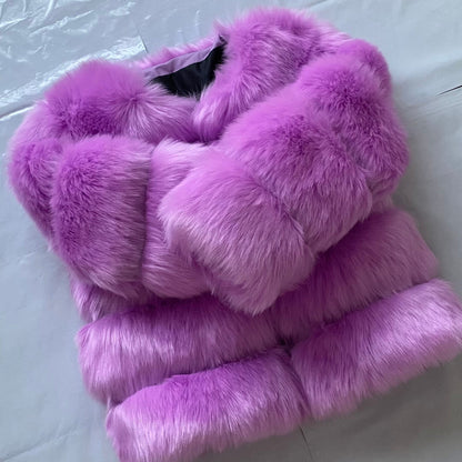 Fashion-forward violet faux fur jacket with 5-row pattern