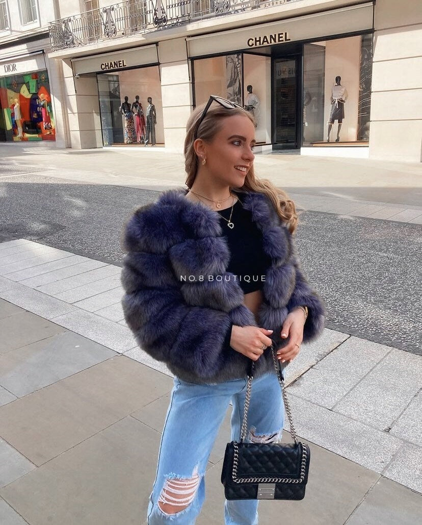 Fashionable blue grey faux fur jacket with 5 rows