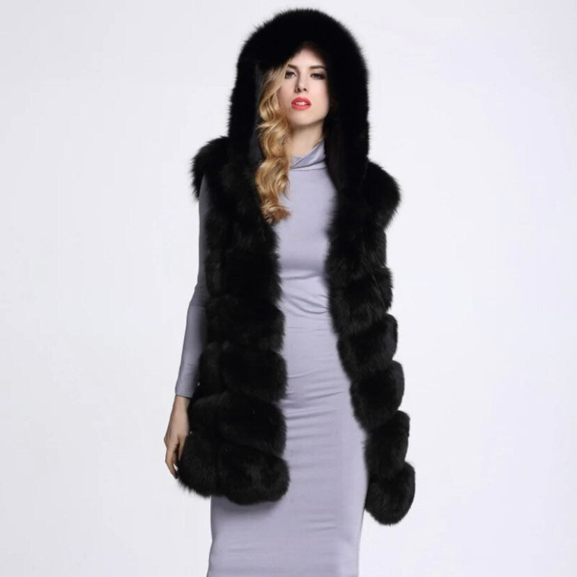Hooded 7 row panelled faux fur gilet