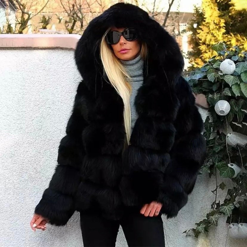 Classic Hooded 5 Row Faux Fur Jacket- Long version