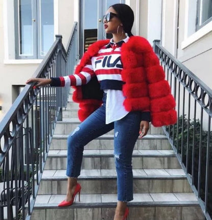 Red Faux Fur Classic 5 Row Jacket