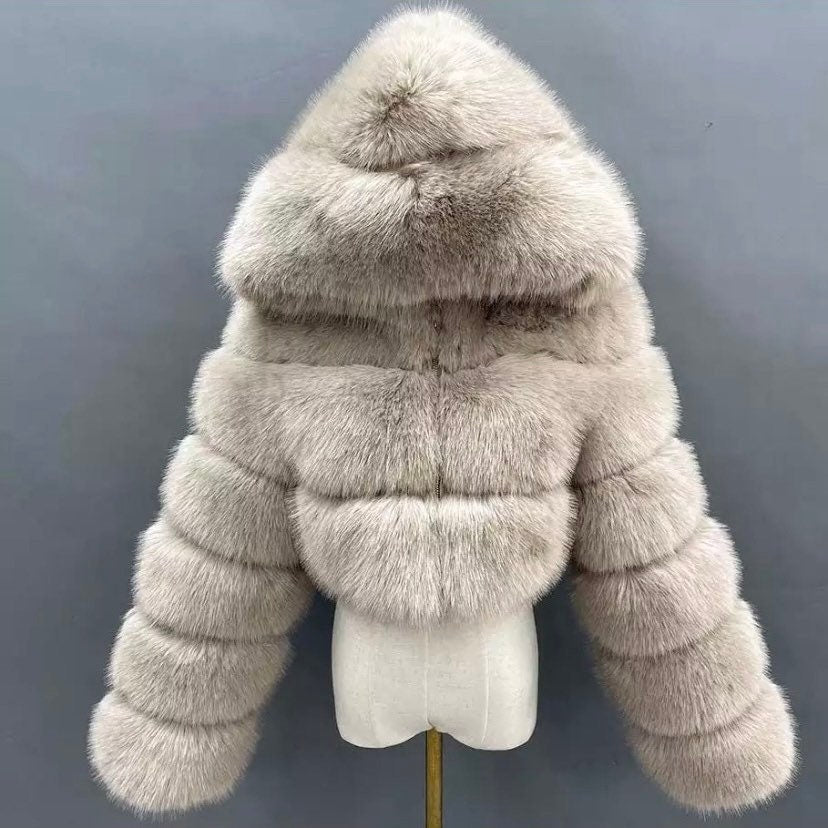 Cropped Hooded Faux Fur Jacket - Premium