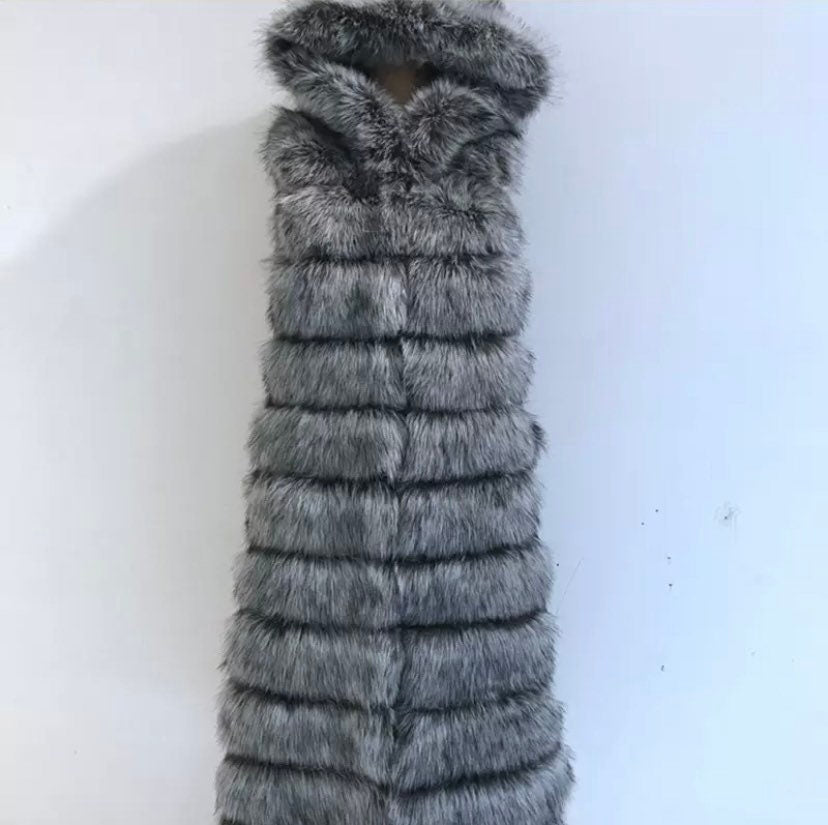 Hooded Long 11 Row Faux Fur Gilet