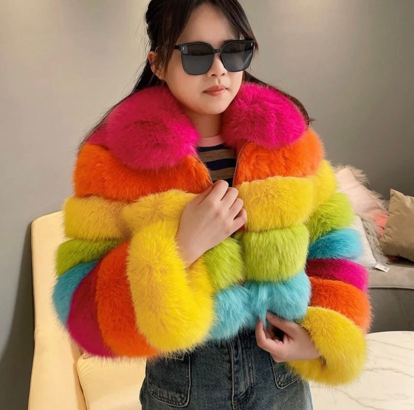 Rainbow Cropped Collar Faux Fur Jacket