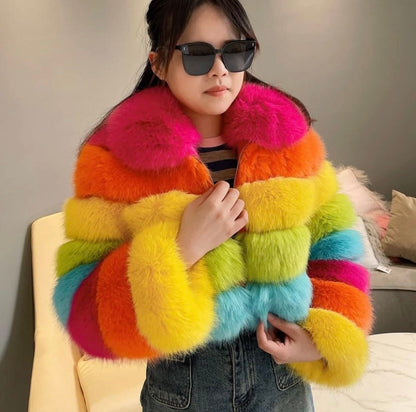 Rainbow Cropped Collar Faux Fur Jacket