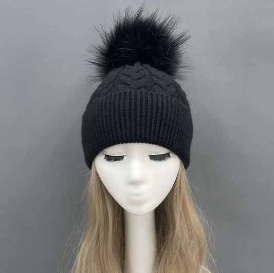 Cashmere/Angora Faux Fur Bobble Hat- Cableknit