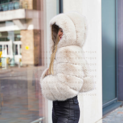 Cropped Hooded Faux Fur Jacket - Premium
