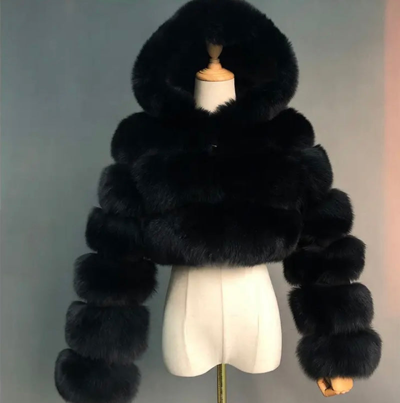 Cropped hooded fur discount jacket