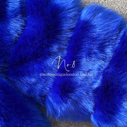 Luxurious sapphire blue faux fur jacket with classic 5 row design