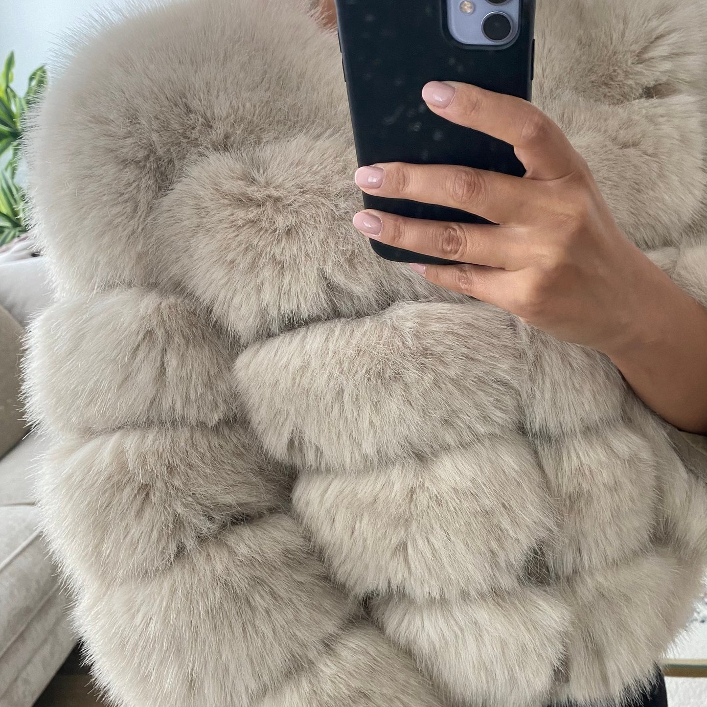 Modern beige faux fur jacket with 5 rows of fur