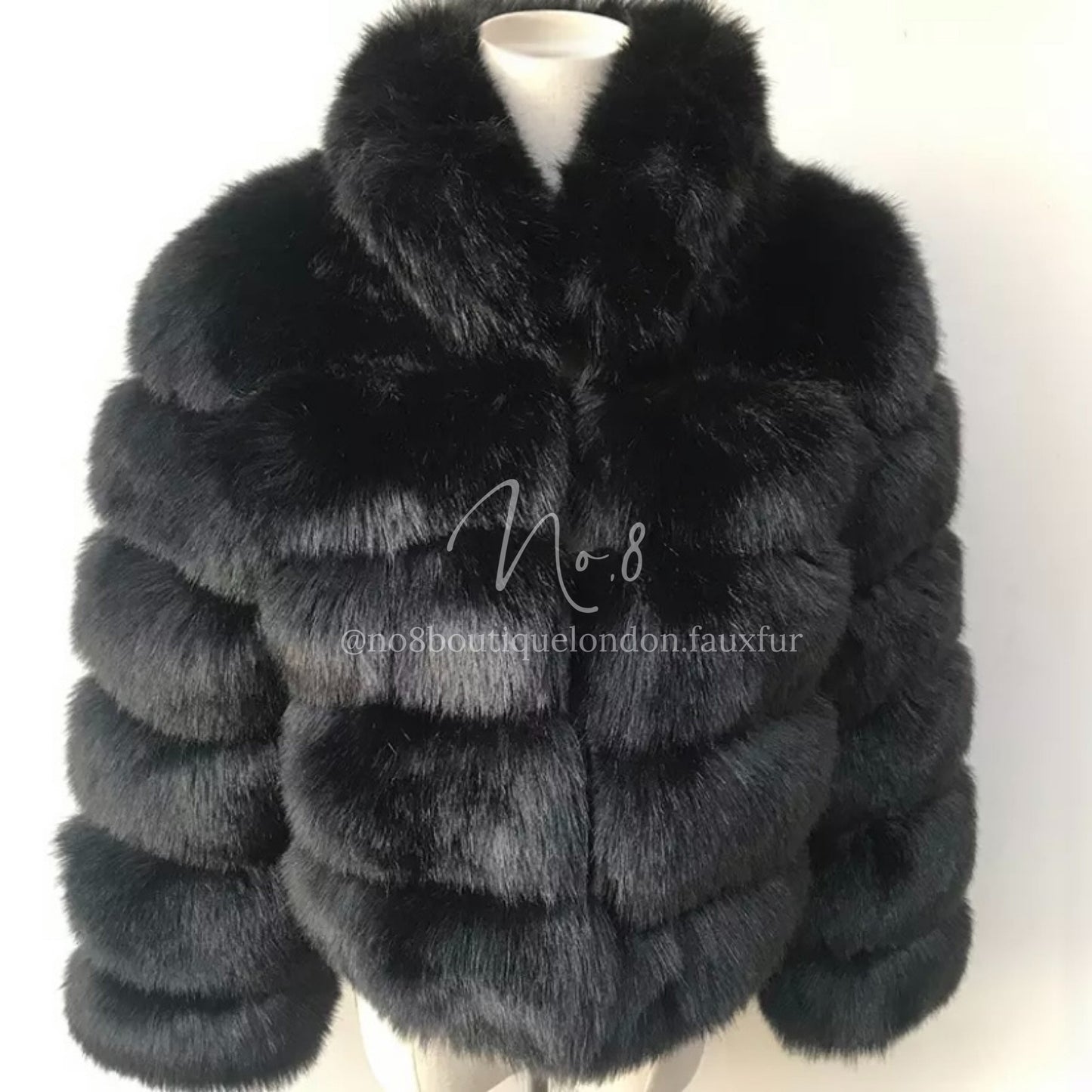 Modern Chelsea faux fur jacket with five structured rows and collar