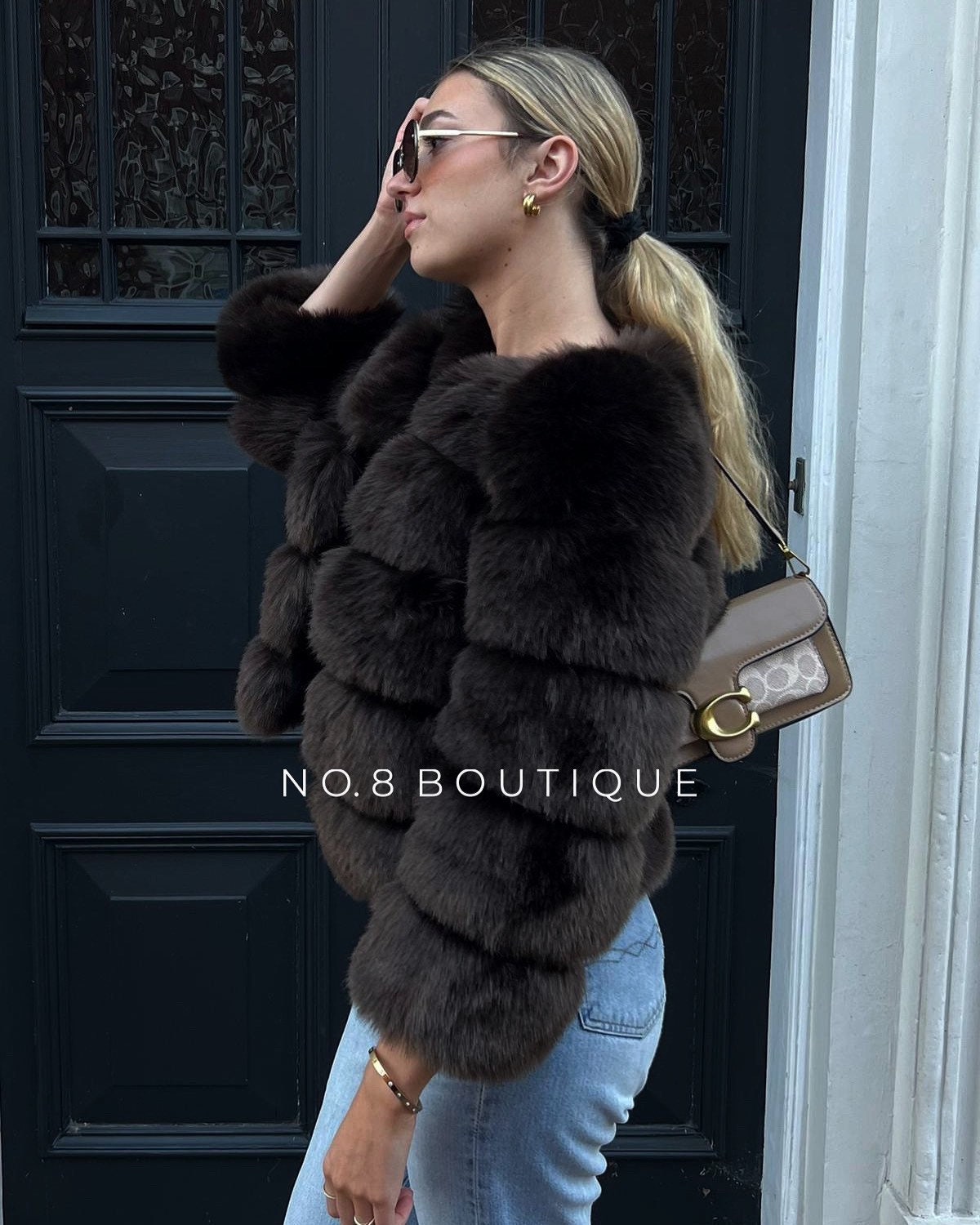 Modern coffee brown faux fur jacket with five rows