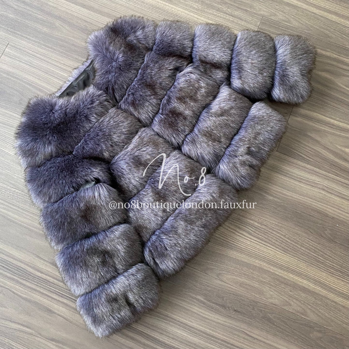 Plush blue grey 5 row faux fur jacket