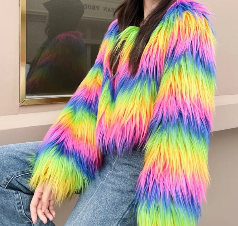 Rainbow cropped shaggy faux fur