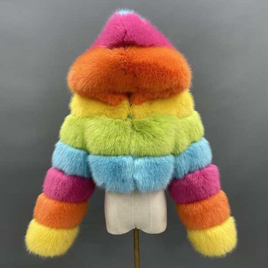 Rainbow multicolour cropped hooded faux fur jacket