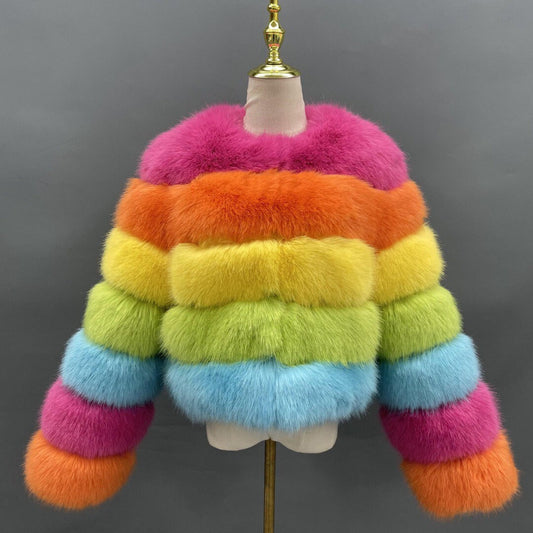 Rainbow multicolour faux fur jacket