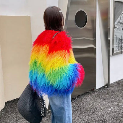 Rainbow shaggy Mongolian faux fur jacket