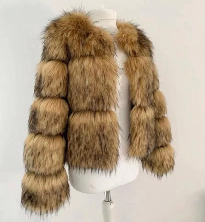 Regal raccoon faux fur jacket with a glamorous touch