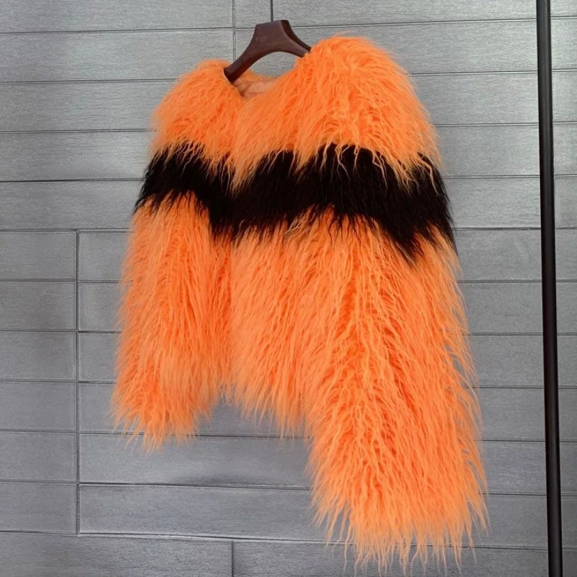 Shaggy stripe Mongolian faux fur jacket