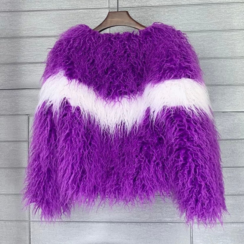 Sophisticated shaggy striped Mongolian faux fur jacket