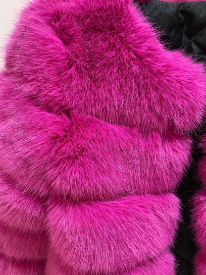 Trendy magenta pink faux fur jacket with quintuple rows