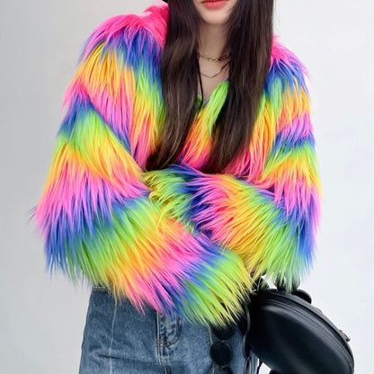 Trendy rainbow faux fur jacket with a shaggy, cropped design