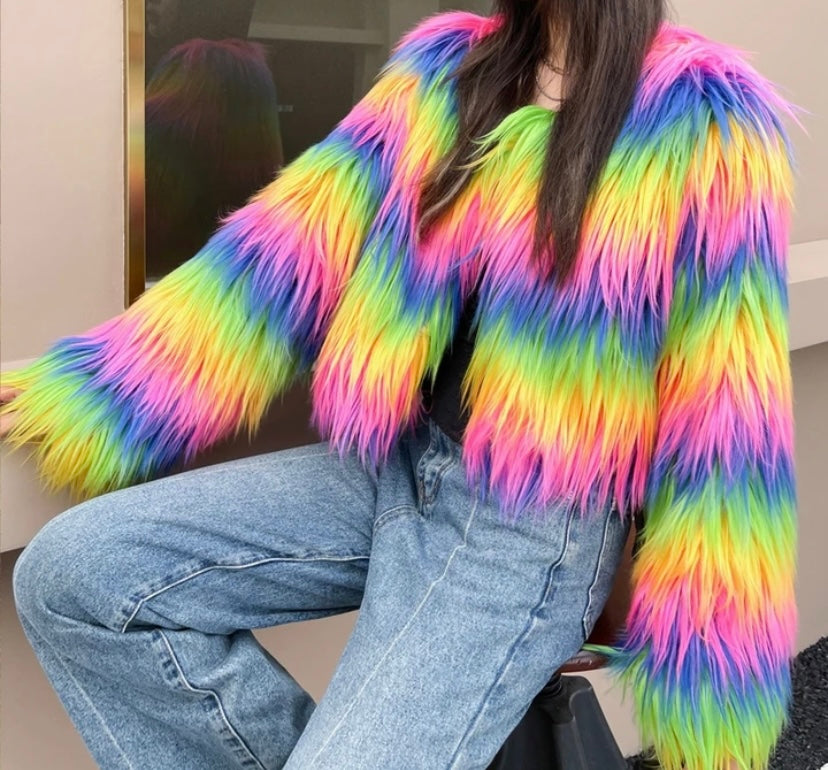 Vibrant rainbow shaggy faux fur jacket in a cropped style