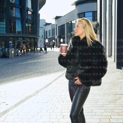 Winter chic black Chelsea faux fur jacket with 5 rows and collar