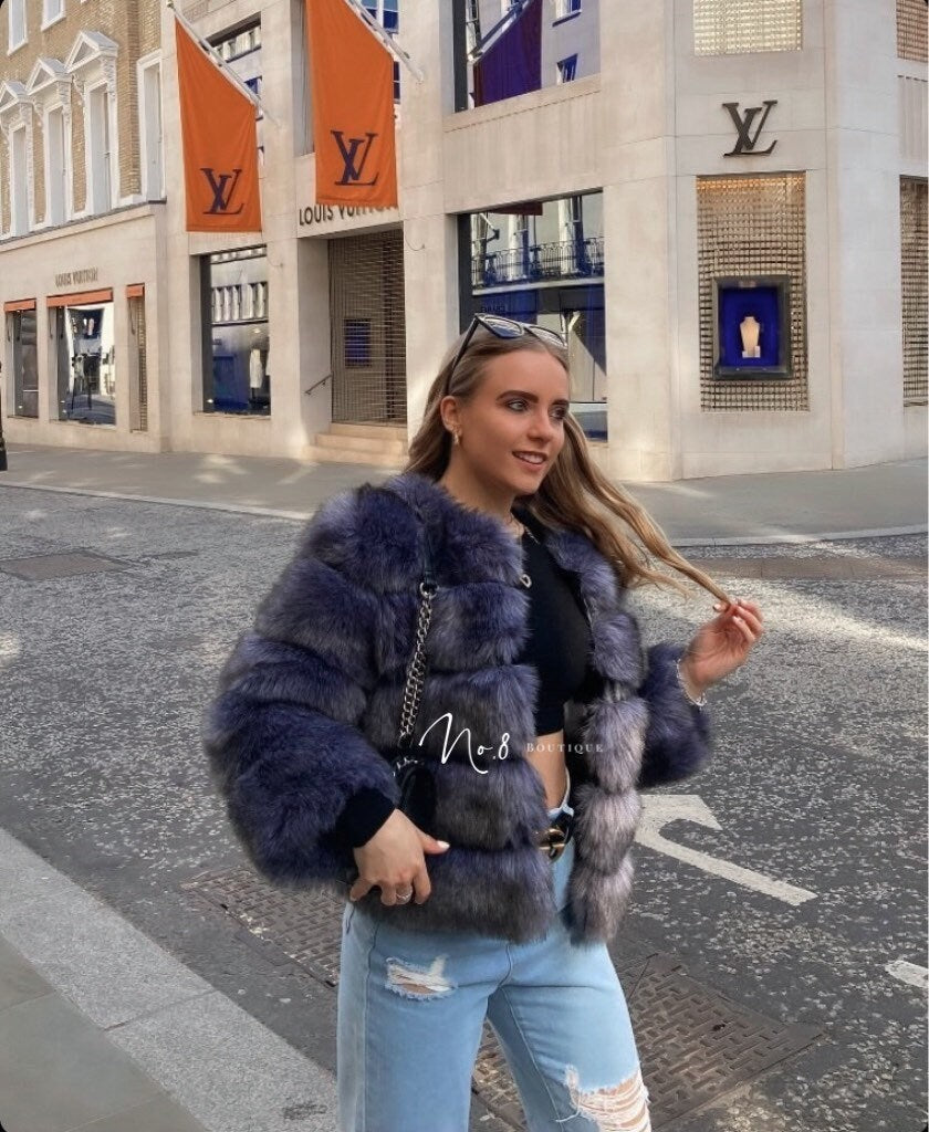 Winter chic blue grey faux fur jacket