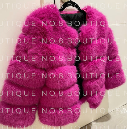 Winter chic magenta pink faux fur jacket with classic 5 row styling