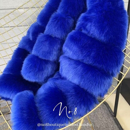 Winter chic sapphire blue faux fur jacket with classic 5 row styling